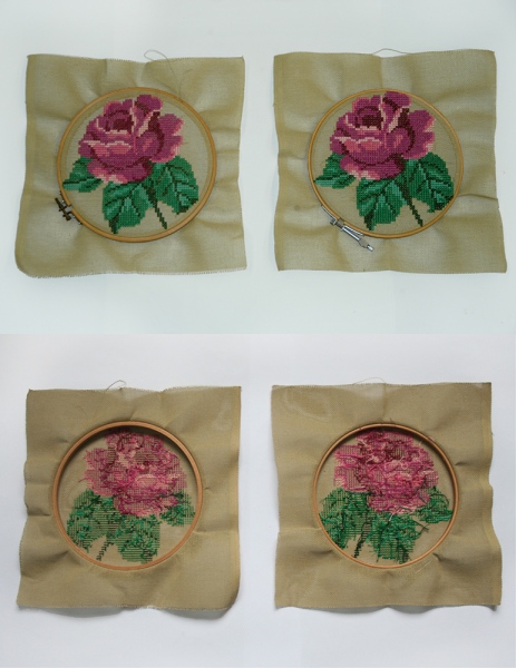 Experiment with roses (2010)&amp;nbsp;embroidery floss and fabric We both embroided the rose pattern. The front is an almost identical image. The back unvei the unique making proces.